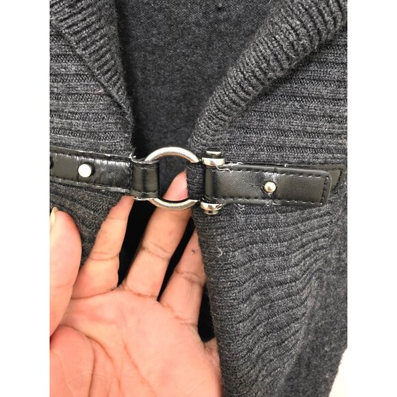 Ellen Tracy Women's Open Front Long Cardigan Wool Blend Leather Accent & Pockets - Picture 4 of 11